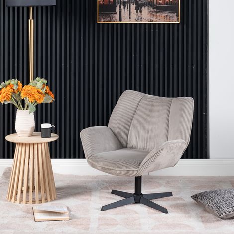 MEUBLES COSY Poltrona da soggiorno girevole a 360° per camera da letto ufficio gambe incrociate con schienale spesso braccioli rotelle in velluto a coste color tortora chiaro