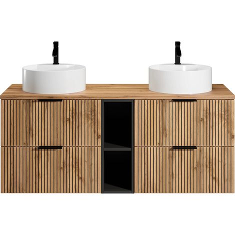 Meuble de salle de bain suspendu strié avec niches et double vasque à poser ronde - Naturel clair - L140 cm - MADELA (1/4)