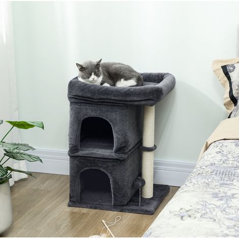 Árbol para gatos compacto con 2 cuevas, plataforma y rascadores de sisal, gris oscuro OKMYHOME (1/5)