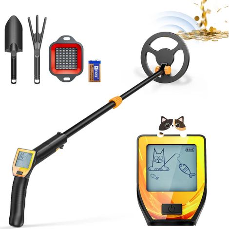 Détecteur de métaux portable haute précision pour enfants, hauteur réglable (66-83 cm), équipé d'une sonde étanche, d'un écran LED, d'une pelle et d'un râteau (orange). (1/5)