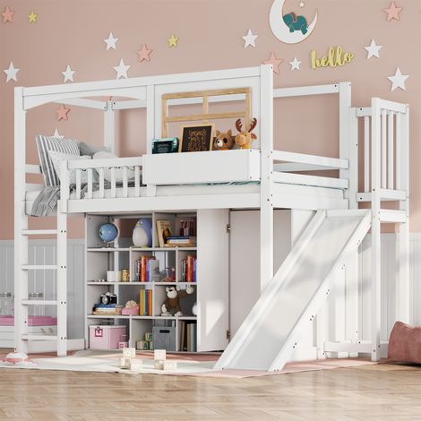 Lit mezzanine 90x200 cm avec armoire et toboggan, lit enfant avec sommier à lattes et étagères de rangement, en pin blanc (1/5)