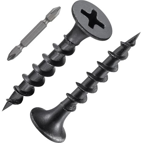 Lot de 200 vis pour construction rapide M4 x 25 mm, phosphatées, filetage grossier, avec embout de vissage, vis pour panneaux d'aggloméré avec tête trompette et entraînement cruciforme, noires (1/5)