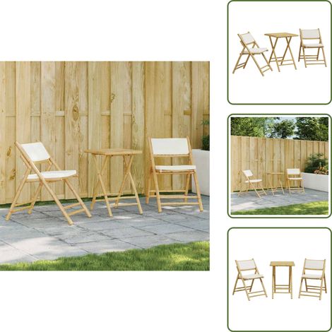 The Living Store 3-tlg. Bistro-Set Klappbar mit Cremeweißen Kissen Bambus - Bambusgartenmöbel - Outdoor-Lounge - Esstisch Set - Gartentisch - Gartenstuhl (1/5)