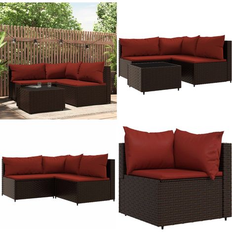 Salon de jardin 4 pcs avec coussins Marron Résine tressée - Canapé d'angle - Canapé central (1/5)