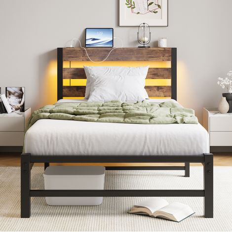 Letto in metallo 90x200 cm con illuminazione RGB LED, 2 porte USB, struttura con spazio contenitore, nero marrone (1/5)