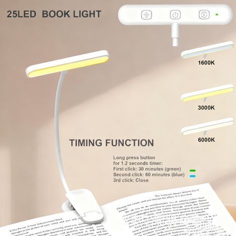 Lampe de lecture LED avec clip, 3 températures de couleur et intensité réglable, pour lit et chevet, blanc (1/5)