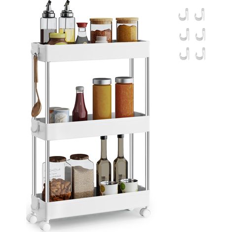 Chariot de Cuisine à 3 Niveaux, Étagère de Cuisine, Étagère Étroite, avec 6 Crochets, Structure en Acier, Salle de Bain, 14,4 x 42 x 60,6 cm, Blanc Nuage KSC007W01 (1/5)