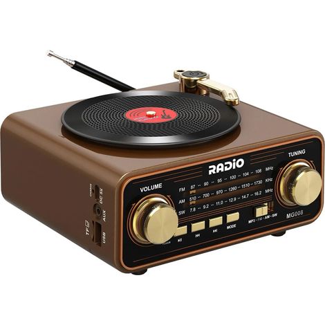(Marron) Radio portable FM/AM/SW, style disque vinyle, enceinte Bluetooth sans fil, lecture en continu, décoration intérieure. (1/5)