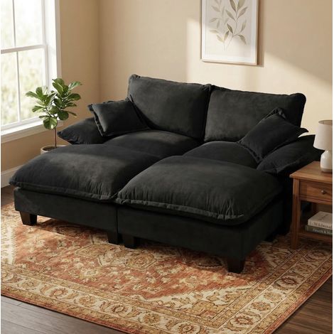 FloraGrace Canapé d angle Cloud, 194 x 151 x 90 cm, chenille noire, 2 ottomanes amovibles, 2 coussins (1/5)