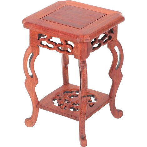 Présentoir en bois pour objets artisanaux, style chinois, avec support pour vase et ornements décoratifs. (1/5)