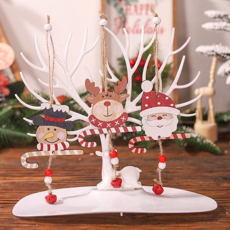 Pendentif En Bois - Sapin De Noël - Clochette Suspendue - Design Dessin Animé Père Noël Et Bonhomme De Neige - 13 5 X 8 Cm - 1 Pièce (1/5)