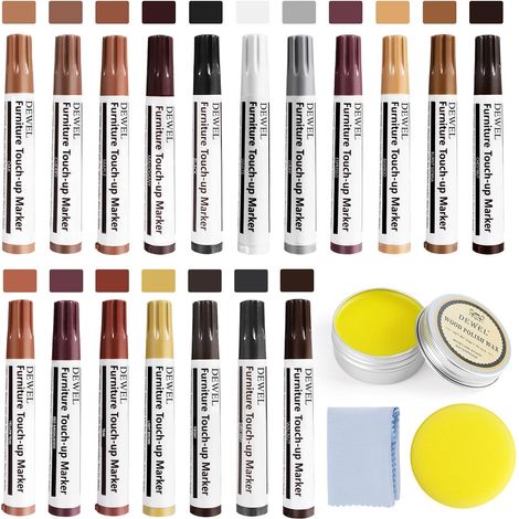 Kit de réparation de bois,18 Couleurs - Feutre retouche bois, avec Cire pour Meubles - Stylo Réparation pour rayures/taches/décoloration du bois (1/5)