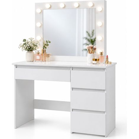 Relaxdays tavolo da trucco con specchio Hollywood, luce, 4 cassetti, HxLxP: 140 x 94 x 43 cm, tavolo da toeletta, bianco (1/5)
