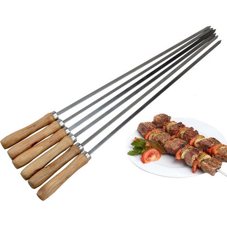 Set di 6 spiedini piatti in acciaio inox con manico in legno per barbecue 42 cm