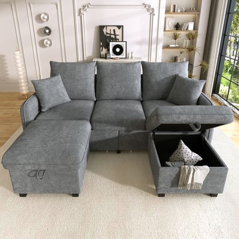 Canapé d'angle modulable gris foncé en chenille avec rangement et fonction couchage (1/5)
