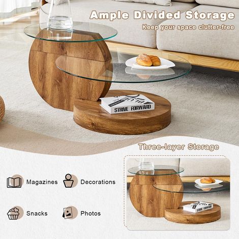 Table basse moderne et minimaliste – Plateau verre trempé, structure multicouche, support MDF avec stickers texture bois naturel – Naturel et contemporain (1/5)