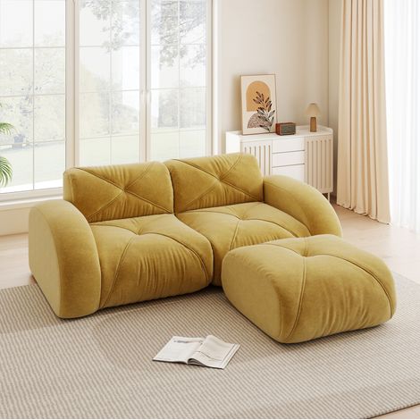 Sofá modular de 2 plazas con puf, espuma 32D, chenilla amarilla HAVRYA (1/5)
