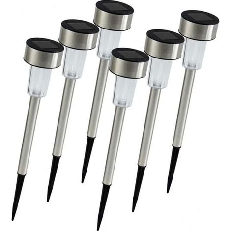 Lot de 6 Lampes Solaires LED Extérieures - Bornes Lumineuses à Planter pour Jardin - Diamètre 4,5 cm - Hauteur 31 cm - Batterie 1,2V/150 mA - Acier Inoxydable et Plastique ABS (1/4)