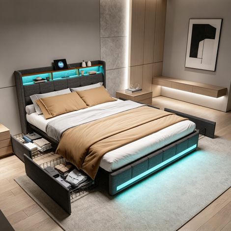 FOERPL-Doppelbett 160x200 mit 4 Schubladen und Stauraum, Bett mit Stauraum 160x200 mit LED-Beleuchtung und USB-Anschluss, Polsterbett 160x200 mit Lattenrost und Kopfteil, Bettgestell für 2 Personen