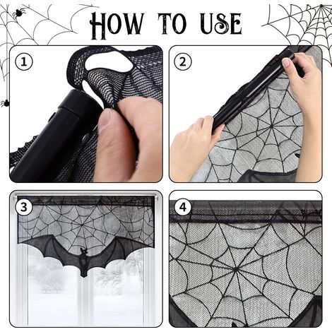 CCYKXA Halloween-Spitzenvorhang, 2 Stück, Halloween-Spitzentürvorhang, schwarze Spitzenvorhänge, Spitzenvorhänge mit Fledermausmuster, gotische Vorhänge für Halloween, Schlafzimmer, Wohnzimmer