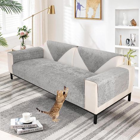 Thick L-Shaped Sofa Cover for 1/2/3/4 Seater Sofas, Protective Sofa Cover, Universal Non-Slip Faux Fur Sofa Cover for Living Room (Soft Chenille Grey, 70 x 70cm) (1/5)