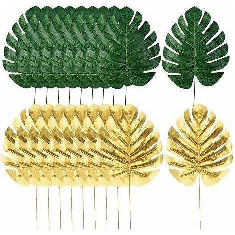 Lot de 20 feuilles de palmier artificielles avec tiges - Feuilles tropicales dorées de la jungle avec tiges pour fête hawaïenne, plage, fête prénatale, anniversaire, mariage, décoration de fête (1/5)