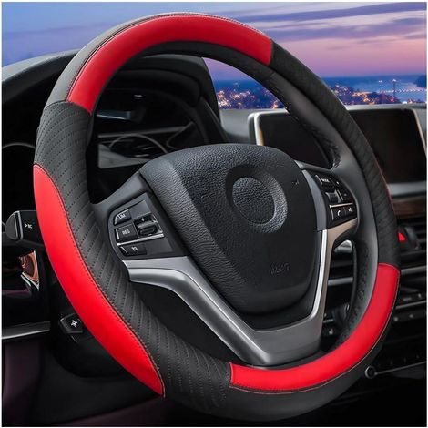 Housse de volant universelle 38cm en cuir respirant antidérapant sport noir rouge (1/5)