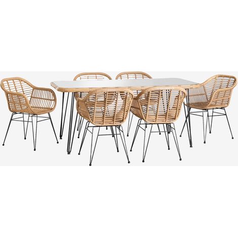 Set de mesa rectangular en mimbre sintético (180x90 cm) Leribert y 6 sillas de comedor en mimbre sintético Zole SKLUM             