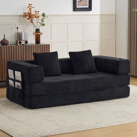Schlafsofa, umwandelbar, klappbar, mit Getränkehaltern und Seitentaschen, Cord, schwarz (1/5)