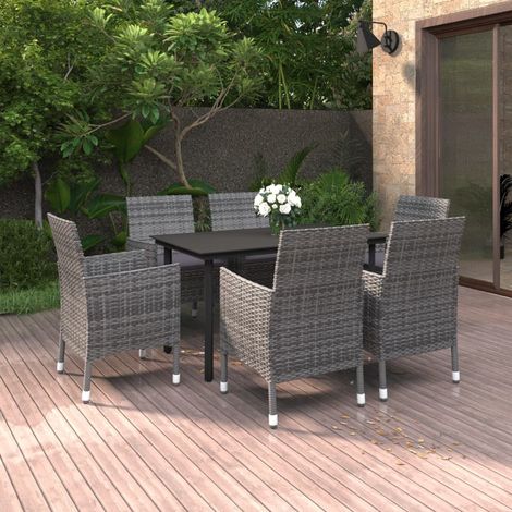 7 pcs Mobilier à dîner de jardin Ensemble table et chaise de jardin coussins Résine tressée Verre VSGS237157 (1/5)
