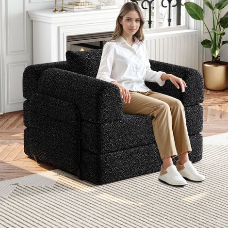 Schwarz 2-in-1-Schlafsofa aus Fleece mit Aufbewahrungsfach in der Armlehne, drei Metallrahmen und mehreren Konfigurationsmöglichkeiten