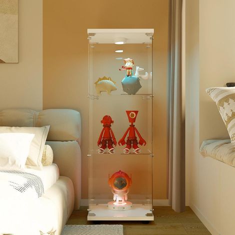 Vitrine en verre avec LED, 3 étagères, 1 porte, blanc (1/5)
