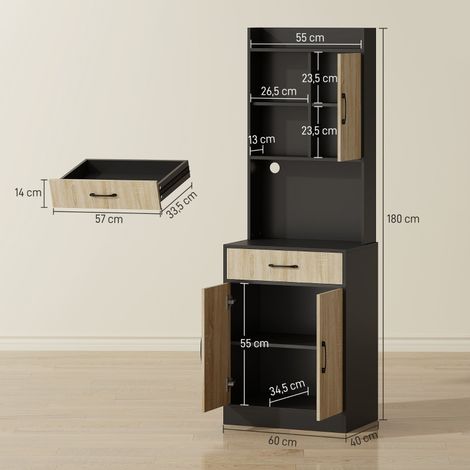 Meuble de cuisine avec plan de travail et passe-câbles, commode moderne à tiroir, 3 étagères ouvertes, bois naturel, noir (1/5)