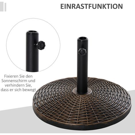 Pied de parasol 25 kg, base en rotin imitation osier, support pour mât Ø35/Ø38/Ø48 mm, plastique et ciment, finition bronze antique, Ø53 x 40 cm (1/4)