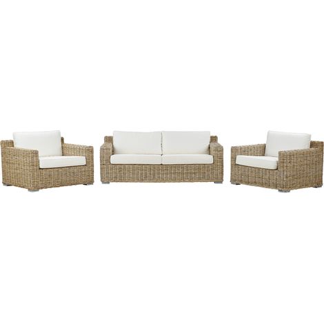 Conjunto de jardín de ratán natural cojines blancos Ardea