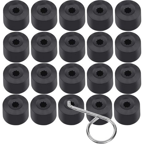 Lot de 20 Cache-Écrous de Roue Hexagonaux 17 mm Noirs avec Outil de Démontage - Universel (1/5)