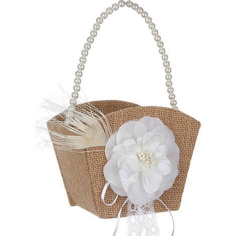 (Ein weißer Pfingstrosenkorb im europäischen Stil) Brautjungfernkorb im Landhausstil, amerikanischer Retro-Hochzeitskorb aus Jute mit Perlengriff. (1/2)
