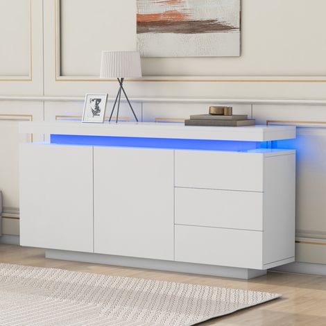 MEUBLIV Buffet 140 x 35 x 72,5 cm blanc – LED RGB, 2 portes et 3 tiroirs (1/5)