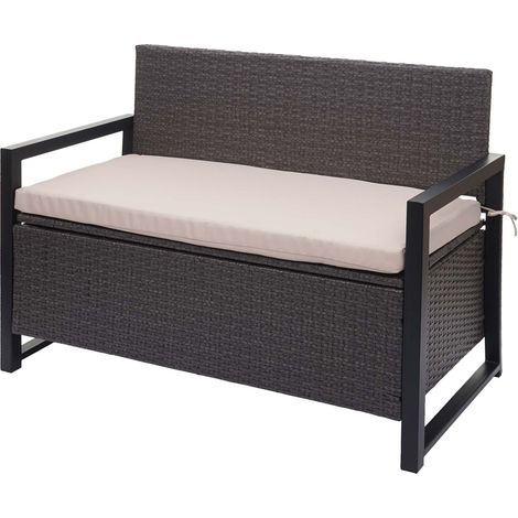 Banco de polirratán de 2 plazas HHG-564, banco de jardín banco arcón, compartimento de almacenaje asiento cojines, gris, cojines beige