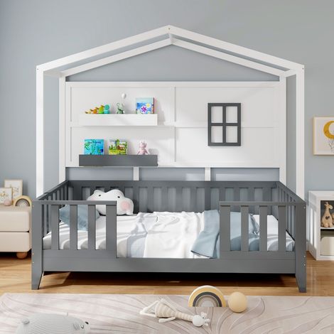 Lit en Forme de Maison en Bois pour Enfants avec Fenêtre 2 Etagères et Garde-Corps Lit de Jeu à Lattes Lit 1 Place Blanc et Gris (1/3)