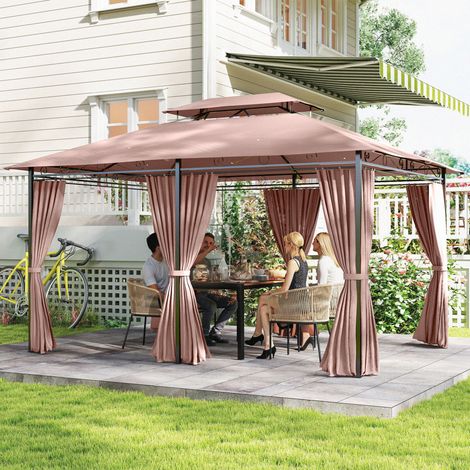 Gazebo de Jardin 4x3m avec Double Toit et Rideaux Latéraux en Acier et Polyester, Couleur Kaki (1/5)