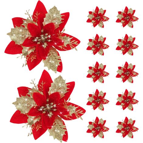 Poinsettias - Fleurs Artificielles Noël - Décor Festif Porte Arbre Table - 12 Pièces - Rouge - 14,5 x 14,5 cm - Plastique (1/5)