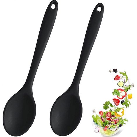 Cuillères de cuisine en silicone, lot de 2 cuillères de service sans BPA, résistantes à la chaleur, idéales pour mélanger et servir (noires) (1/5)