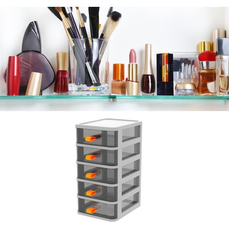 Transparente Aufbewahrungsbox für den Schreibtisch, Schubladenbox für Bürobedarf, Datenkabel, Kosmetikartikel, weiß mit 5 Fächern (mit orangefarbenen Griffen) (1/5)