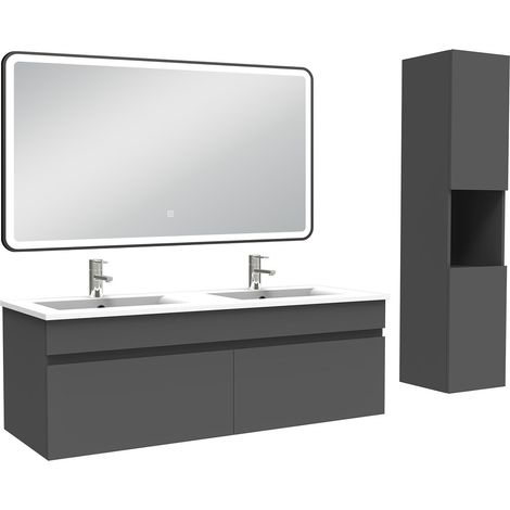 Ocean Meuble double vasque 120cm avec colonne + miroir lumineux 3 couleurs anthracite