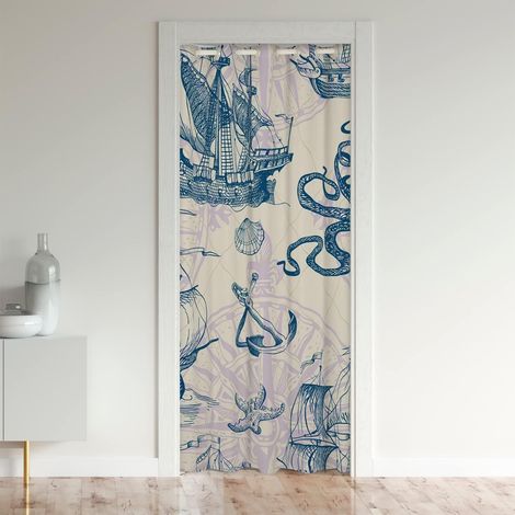 Nautique Décor Rideau de Porte 86x203cm Soft Mer Rideau Occultant Marine Nature Ancre Imprimer Bleu Rideaux Interieur Salon Chambre Décoration Rideaux Exterieur d'entrée - 86L X 203H cm (1 Panneaux) (1/5)