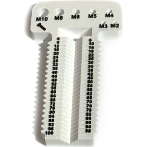 Schraubenmesswerkzeug M2-M10+L4-100mm. Dieses Werkzeug misst metrische Schrauben von M2 bis M10 mit einem Längenbereich von 4 bis 100 mm. (Weiß/Schwarz)