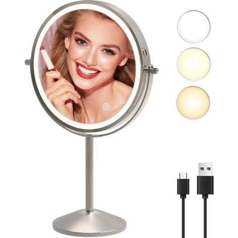 [NON UTILIZZATO] Specchio per il trucco illuminato, ingrandimento 1x/10x, specchio per il trucco con luce LED colorata, ricaricabile tramite USB, nichel (71N)