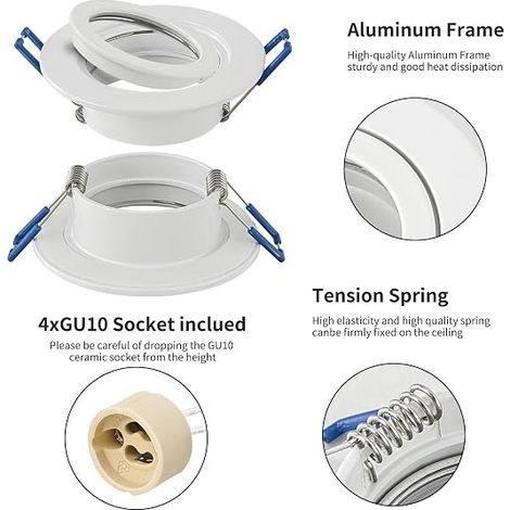 Spot LED Encastrable 230V IP44 Cadre Avec Douille GU10, Spots de plafond en Aluminium Blanc, Rond plat Spots Salle de bain spot cadre d'encastrement 68mm (1/3)