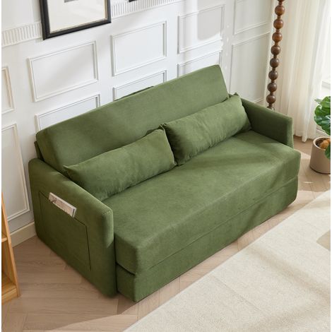 Divano letto 2 posti 165x92x82 cm in tessuto a coste verde, salvaspazio per soggiorno FloraGrace (1/5)